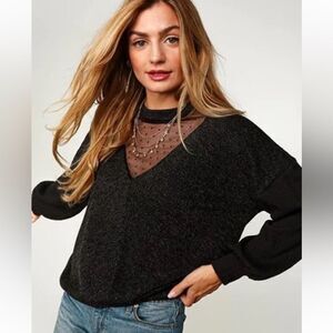 SUGARFOX Mixed Material Crew Neck Sweater with Mesh Front Panel Size 2X